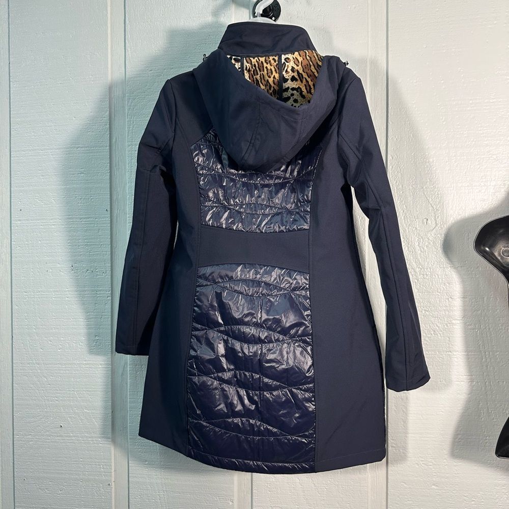 Via Spiga Elliptical Quilted Softshell Jacket Navy L Leopard Lining Size XS NWT - Picture 8 of 11